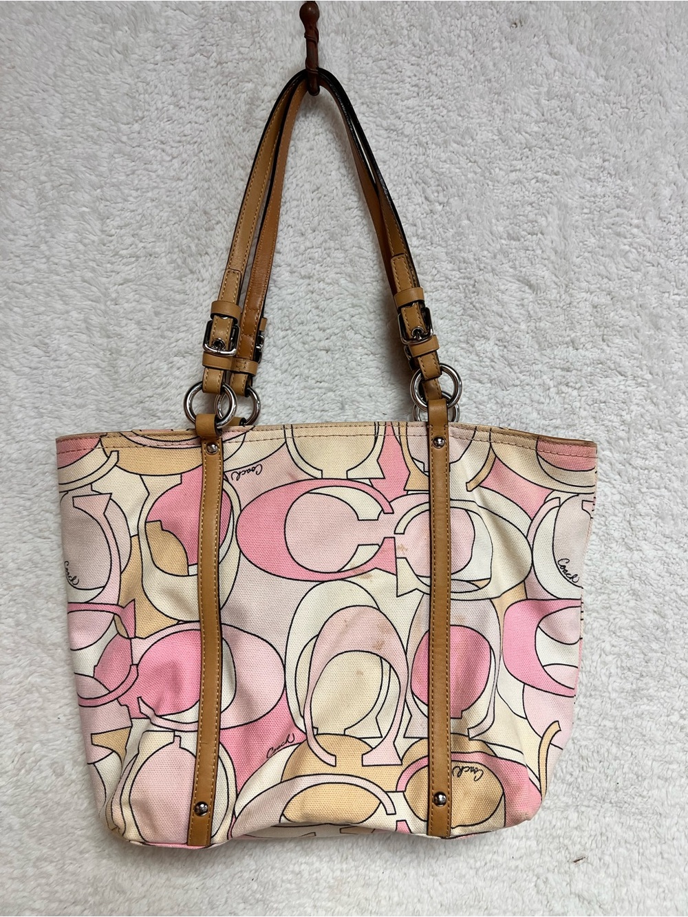 Coach Pink, Cream & Tan Signature Canvas Tote - Picture 3 of 10